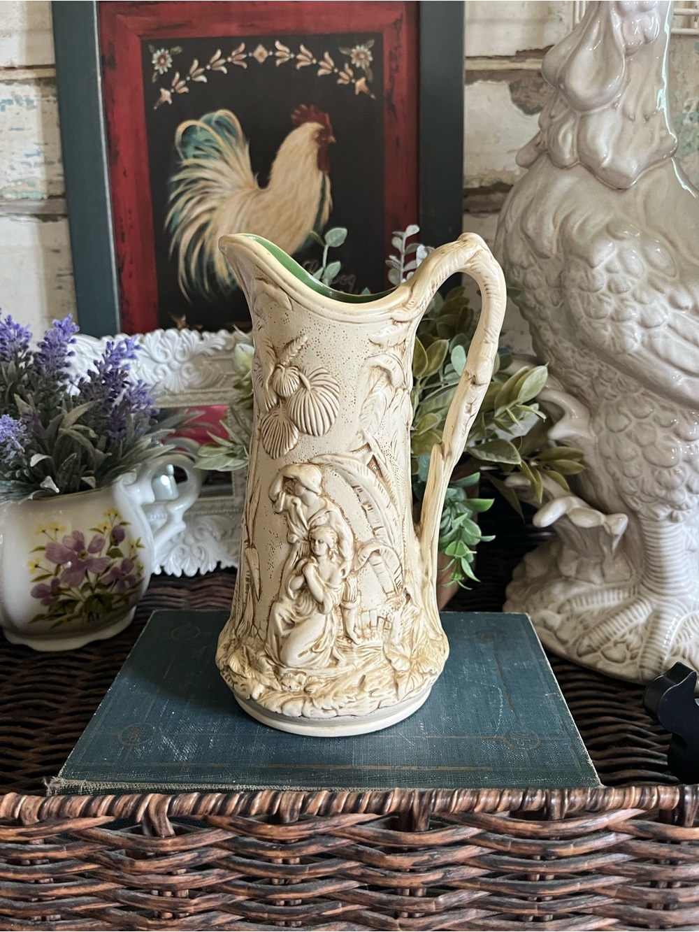 Vintage Embossed Cream Ceramic Pitcher